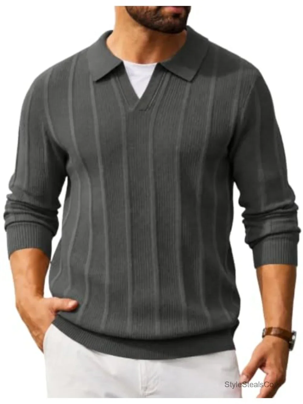 Men's Knit Long Sleeve Pullover Sweater | Textured Polo Collar, Soft Stretch,